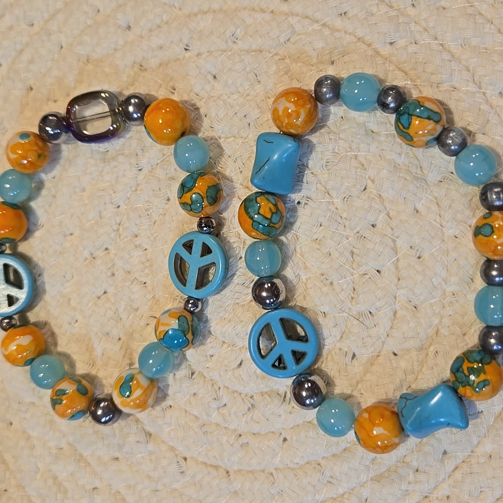 Blue and Orange Beaded Stretch Bracelet Set